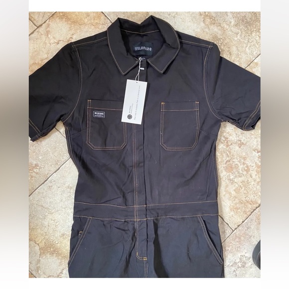 NWT Wildfang Essential Short Sleeve coverall XS Black Yellow Stitches $168 - Picture 3 of 9